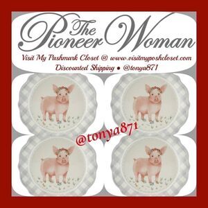 🦋 New Pioneer Woman Pink Pig Gray Gingham Salad Plates, Set of 4